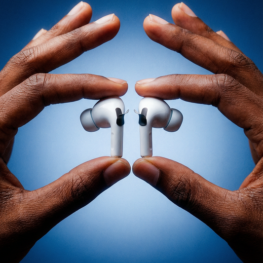 White wireless earbuds held between two hands against a blue background