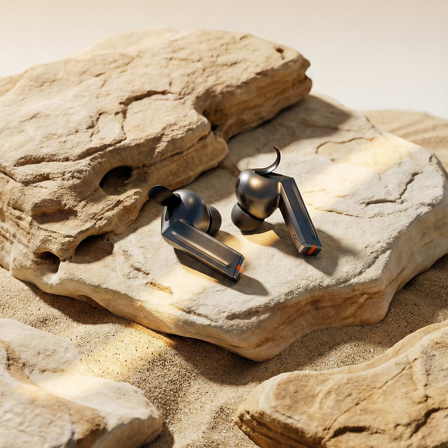 Wireless earbuds on a textured surface with a neutral background